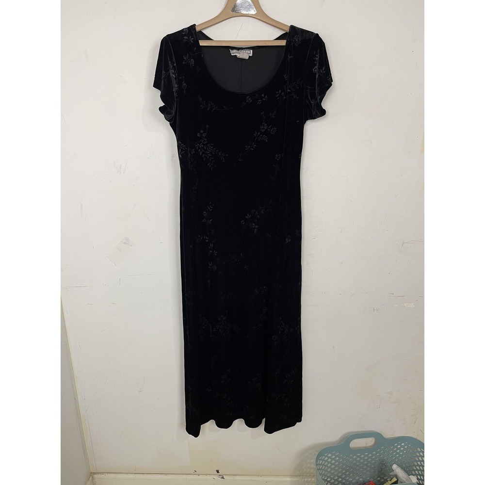 Dress Barn Dress Women 14 Black Velvet Floral Fairy Gothic Romantic Maxi Elegant